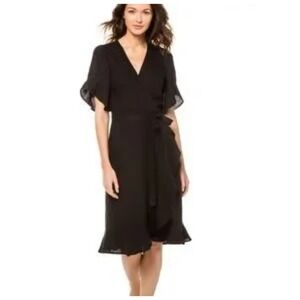 Honorine‎ Black Wrap Dress Ruffle Sleeve Midi Career Cocktail Party